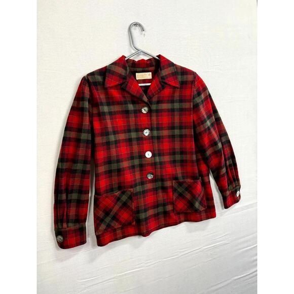 Pendleton Jacket Womens 16 Red Green Plaid Wool Pleated Long Sleeve Button Front - Picture 4 of 12